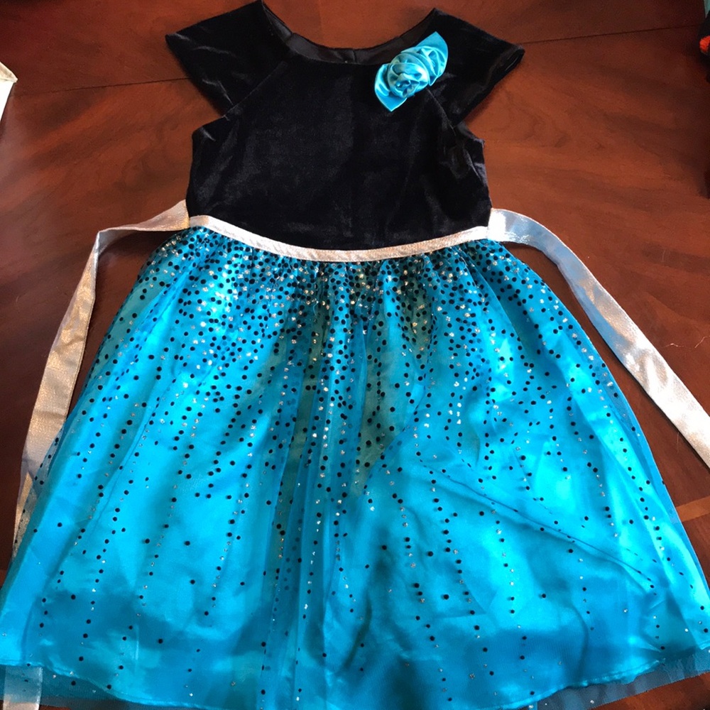 Black, silver, and blue holiday dress. Size 6.